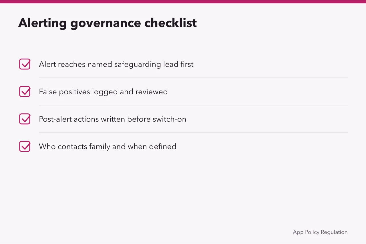 Checklist of four governance requirements for student alerting tools (School policy software compared: filtering versus alerting tools)